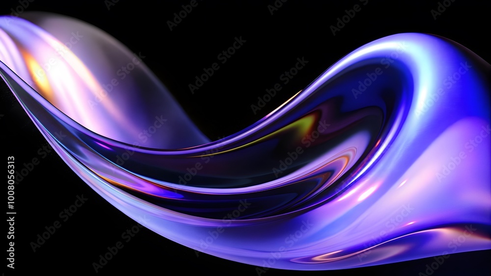 Poster Abstract fluid holographic iridescent purple curved wave in dark background 3d render. Gradient design element for backgrounds, wallpapers, posters and covers.