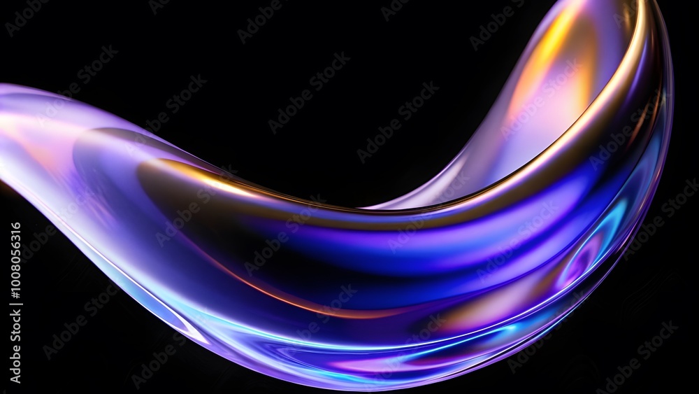 Poster abstract fluid holographic iridescent purple curved wave in dark background 3d render. gradient desi