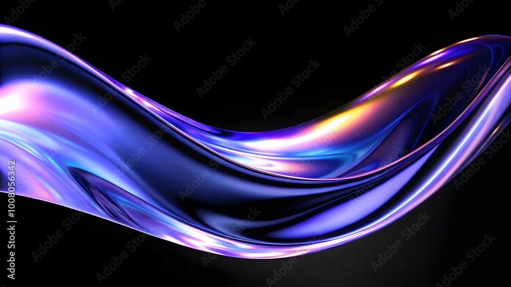 Poster abstract fluid holographic iridescent purple curved wave in dark background 3d render. gradient desi