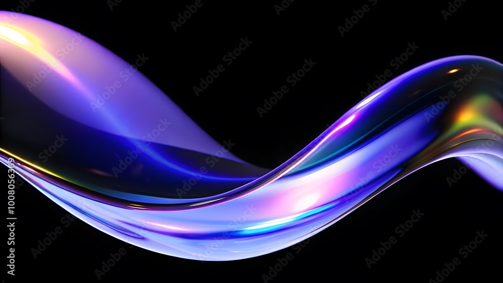 Poster abstract fluid holographic iridescent purple curved wave in dark background 3d render. gradient desi