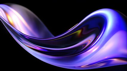 Abstract fluid holographic iridescent purple curved wave in dark background 3d render. Gradient design element for backgrounds, wallpapers, posters and covers.