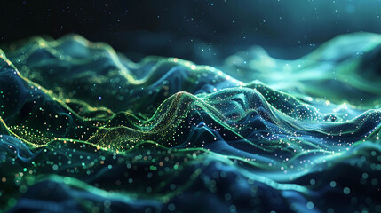 Abstract background with Flowing Waves Composed of Glowing Green and Blue Data Points on a Black Background, Representing the Movement and Flow of Digital Information in a Futuristic, High-Tech Concep