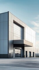 Modern warehouse building with sleek design and glass entrance under a clear blue sky, ideal for industrial or commercial use.