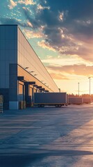 Obraz premium Modern warehouse exterior captured at sunset, showcasing loading docks and vibrant sky with golden hues.