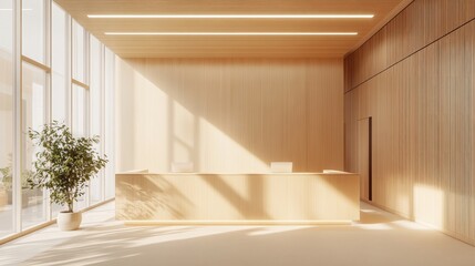 Light wood reception desk in a minimalist office waiting room, LED lights, and clear windows creating a bright, inviting space