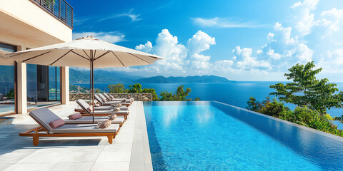 Fototapeta premium Terrasse in Luxushotel mit Sonnenliegen und Swimmingpool mit klarem blauem Wasser und atemberaubendem Blick auf Meer und Himmel. Urlaubskonzept für Sommerresorthotels. 