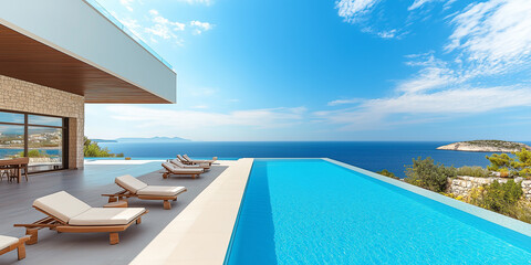 Fototapeta premium Terrasse in Luxushotel mit Sonnenliegen und Swimmingpool mit klarem blauem Wasser und atemberaubendem Blick auf Meer und Himmel. Urlaubskonzept für Sommerresorthotels. 