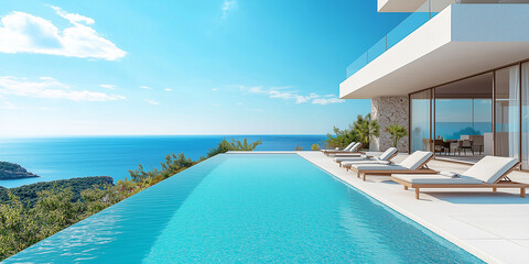 Fototapeta premium Terrasse in Luxushotel mit Sonnenliegen und Swimmingpool mit klarem blauem Wasser und atemberaubendem Blick auf Meer und Himmel. Urlaubskonzept für Sommerresorthotels. 