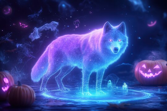 Mystical Neon Wolf: Halloween digital art of a glowing wolf surrounded by jack-o'-lanterns and spooky elements.  A vibrant, otherworldly scene perfect for Halloween or fantasy themes. 