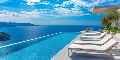 Fototapeta premium Terrasse in Luxushotel mit Sonnenliegen und Swimmingpool mit klarem blauem Wasser und atemberaubendem Blick auf Meer und Himmel. Urlaubskonzept für Sommerresorthotels. 