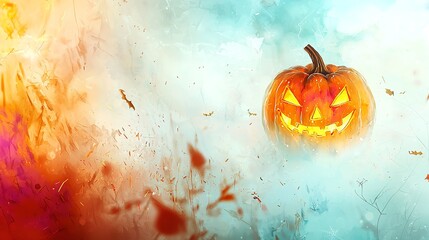 Trio of spooky carved pumpkins surrounded by autumn leaves, isolated on a white background for Halloween decor