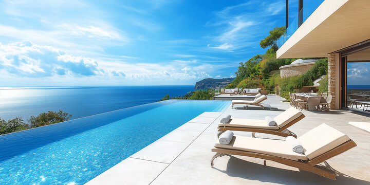 Terrasse in Luxushotel mit Sonnenliegen und Swimmingpool mit klarem blauem Wasser und atemberaubendem Blick auf Meer und Himmel. Urlaubskonzept f&uuml;r Sommerresorthotels. 