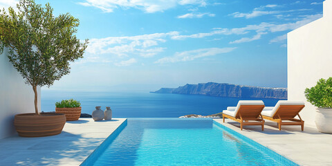 Fototapeta premium Terrasse in Luxushotel mit Sonnenliegen und Swimmingpool mit klarem blauem Wasser und atemberaubendem Blick auf Meer und Himmel. Urlaubskonzept für Sommerresorthotels. 