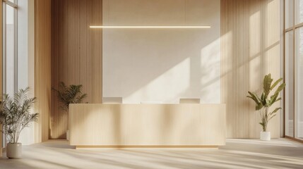 Fototapeta premium Office waiting room with a light wood front desk, light walls, LED lighting above, minimalist design, and large clear windows creating a bright atmosphere