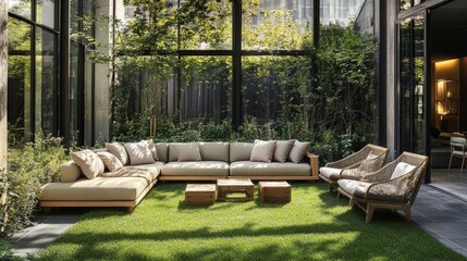 Outdoor lounge area featuring a comfortable sectional couch, armchairs, decorative pillows, lush green grass, and clear windows in view