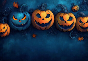 evil halloween themed jack-o-lantern carved pumpkins on dark blue textured background with text space area