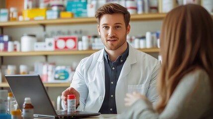 Fototapeta premium Young male doctor engages with a patient in a pharmacy setting, offering professional advice on medication. The warm interaction highlights attentive healthcare and wellness.