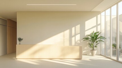 Fototapeta premium Reception area with a simple light wood desk, bright walls, LED lighting, and clear windows, creating an open, minimalist waiting space