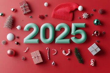 Celebrating new year 2025 with festive decorations on red background