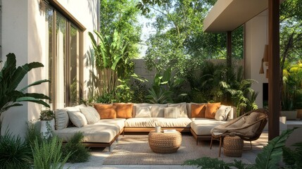 Stylish patio with a cozy sectional couch, armchairs, lush greenery, and decorative pillows, with clear windows creating an open, bright space