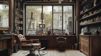 Traditional barber shop with antique leather chairs, wooden shelves, and vintage tools, offering a nostalgic experience through large clear windows