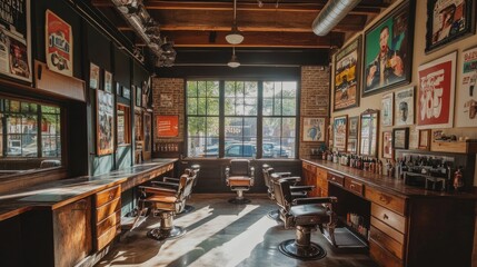 Traditional barber shop with old-school charm, featuring retro posters, wooden accents, and clear windows bringing in natural light