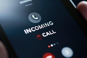 Dark-themed incoming call display on handheld smartphone screen.
