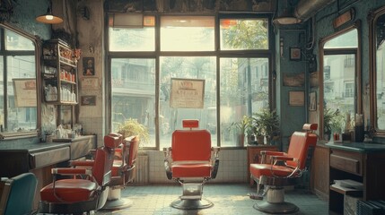 Naklejka premium Vintage-style barber shop with antique decor, red chairs, and old mirrors, showcasing a nostalgic grooming atmosphere with clear windows in the background