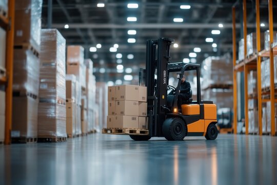 Warehouse worker driving forklift carrying cardboard boxes in logistics center