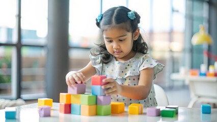Indian cute little small girl playing with colourful  toy at home