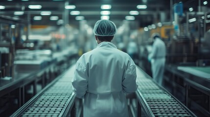 Research worker in a laboratory setting stands focused on processes, showcasing a modern and sterile environment with advanced equipment and teamwork in action.