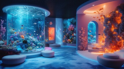 Stunning Modern Aquarium Interior with Vibrant Coral Reefs and Colorful Fish in a Futuristic Underwater Environment