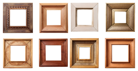 Collection of eight square wooden picture frames in various designs isolated on transparent background