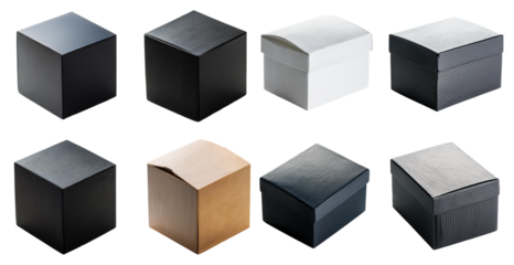 Different colored cardboard gift boxes with varying designs isolated on transparent background