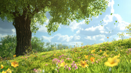 Fototapeta premium View of beautiful flowering meadows and tree
