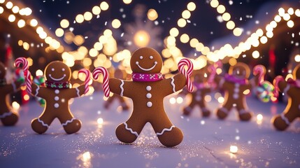 A whimsical holiday parade featuring animated gingerbread men marching with candy cane banners, wearing icing scarves, surrounded by festive lights and falling snowflakes.