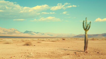 A remote desert landscape with a single cactus.