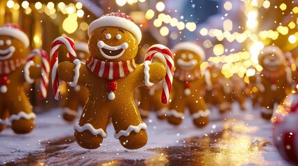 A whimsical holiday parade featuring animated gingerbread men marching with candy cane banners, wearing icing scarves, surrounded by festive lights and falling snowflakes.