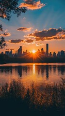 Naklejka premium Stunning sunset view over a city skyline, reflecting on the water, with colorful clouds creating a tranquil atmosphere.