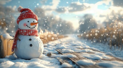 Obraz premium A whimsical snowman with his hat and scarf, standing on an old wooden table in the snowy landscape