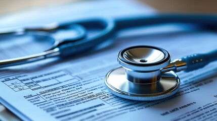 Close-Up of Stethoscope on Medical Documents. Stethoscope resting on medical documents, symbolizing healthcare, professionalism, and patient examination in a clinical environment.