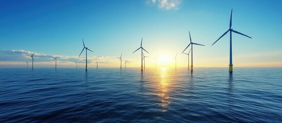 Fototapeta premium Stunning Offshore Wind Farm at Sunset with Turbines Reflecting on Calm Ocean Waters Under a Clear Blue Sky