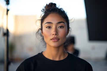 Portrait of confident woman on film set with soft focus backgrou