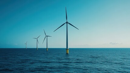 Offshore Wind Turbines Generating Renewable Energy in a Calm Ocean Under a Clear Blue Sky