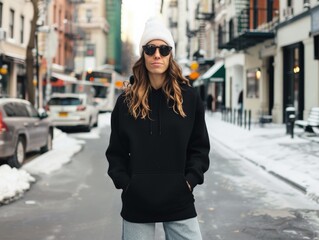 Fototapeta premium Fashionable woman in winter attire standing on snowy urban street, showcasing style and confidence in a city environment.