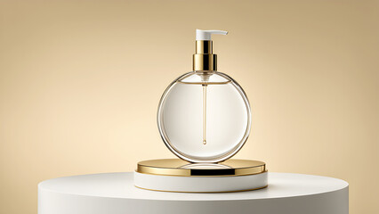 Gold circle round transparent glass cosmetic spray bottle on shiny golden and pure white products stand podium showcase against beige color background