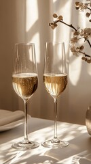 Two elegant champagne glasses filled with bubbly drink, beautifully lit by soft sunlight, perfect for celebration or romantic dining.