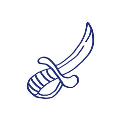 Pirate dagger sketch. Hand drawn illustration. Vector icon. Blue pen or marker drawing. Primitive kids picture