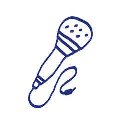 Microphone sketch. Podcast or music item. Hand drawn vector icon. Blue pen or marker drawing. Primitive kids picture