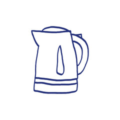 Electric kettle. Vector teapot. Cookware collection. Metal and plastic samples.Illustration set. Blue pen or marker drawing. Primitive kids picture